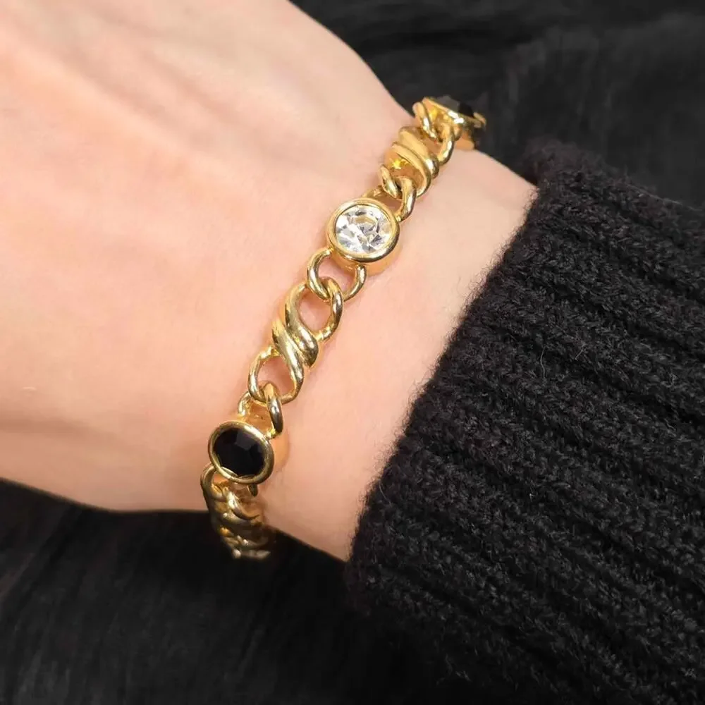 Vintage Gold Tone Bracelet Black Rhinestone Chain Old Money Glam